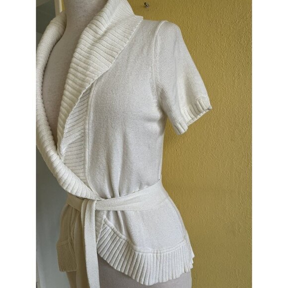 BCBG MAX AZRIA Short Sleeve Summer Spring Knit Cardigan Sweater Top Size M Ivory - Picture 3 of 9